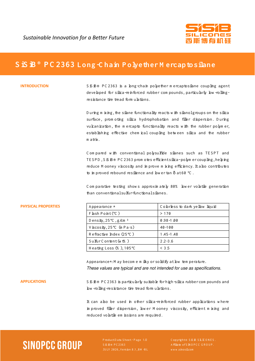SiSiB® PC2363 原版 TDS 首页预览